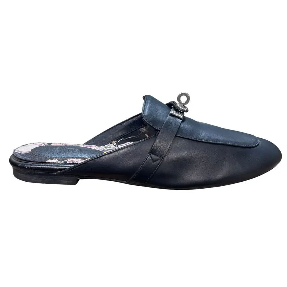 Hermes Oz Mules Black Leather Silver Kelly Buckle Slip On Mules Size 40 US 10